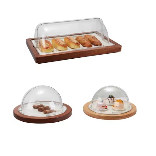 Wooden Cake Stand with Glass Dome | Dust-Proof Dessert Tray for Afternoon Tea
