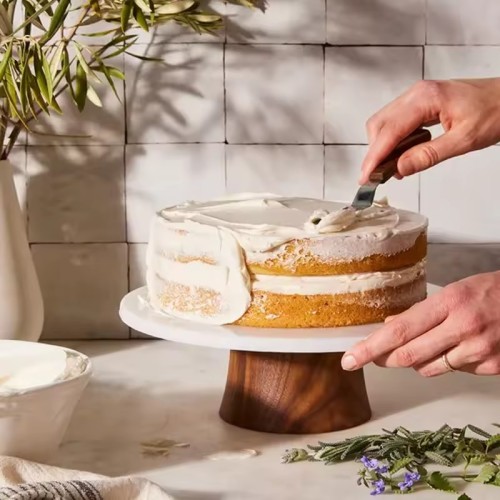 Wooden Base Cake Stand | White Ceramic Top for Baking & Afternoon Tea