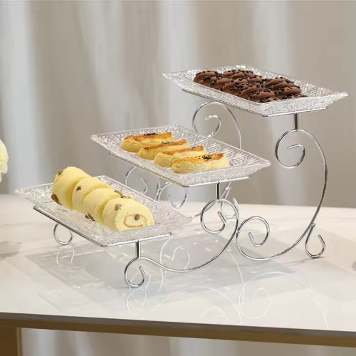 3-Tier Silver Scroll Dessert Stand | Glass Serving Tray