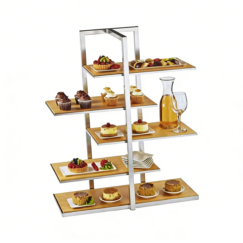 5-Tier Asymmetrical Cake Stand | Stainless Steel & Wood Dessert Serving Rack 主图