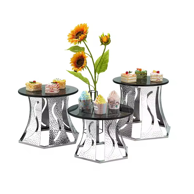 3-Piece Mirrored Metal Cake Stand Set | Round Glass Dessert Risers for Wedding 主图