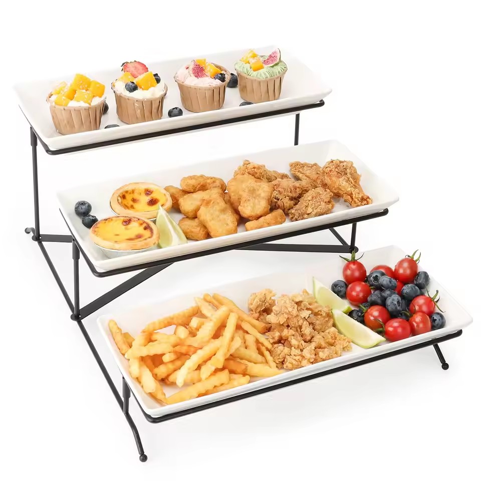 3-Tier Modern Food Display Stand | Ceramic Platter & Metal Frame for Buffet & Party 主图