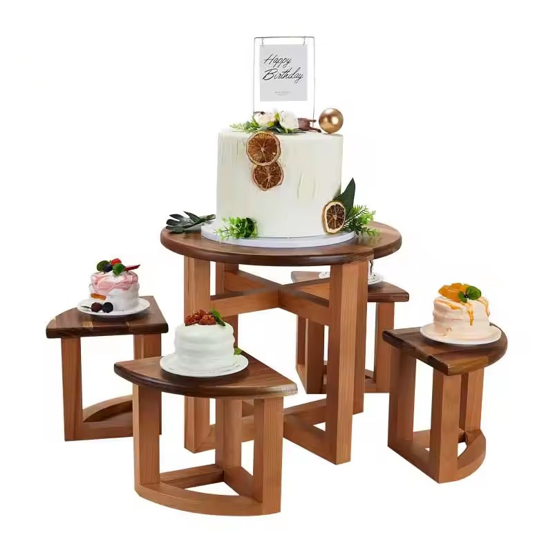 Stackable Wooden Dessert Display Set | Circular Platter for Cake & Cupcake 主图