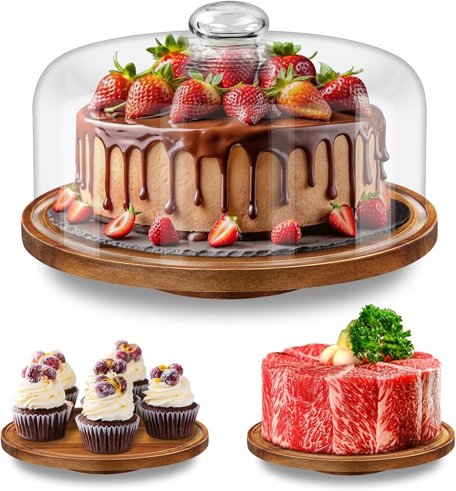 Amazon.com | Yangbaga 11IN Wood Cake Stand with Dome Lid, Rotating Cake  Stand with Glass Dome- Cake Plate with Cover for Baking Gifts/Birthday  Kitchen/Party/Weddings: Cake Stands