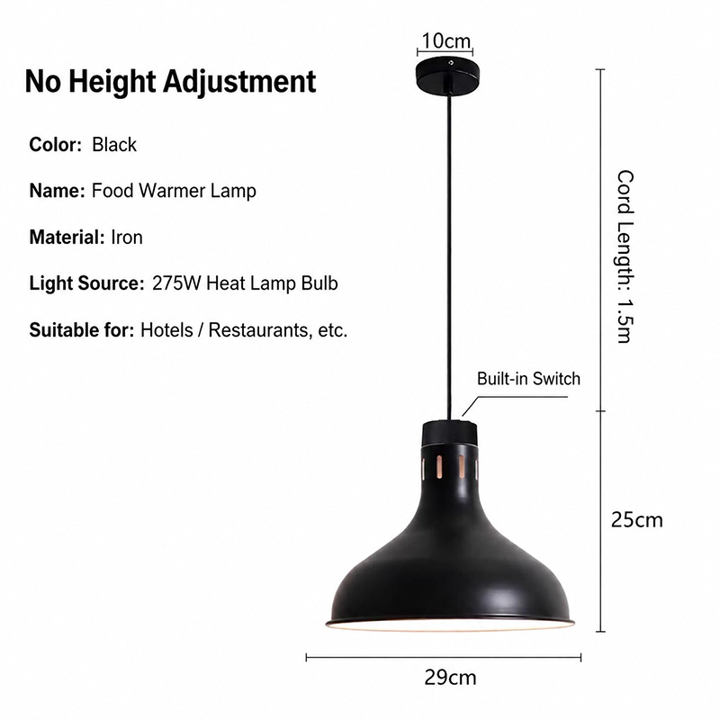 Black Iron Adjustable Heat Lamp 275W - Retractable Suspension Food Warmer V2