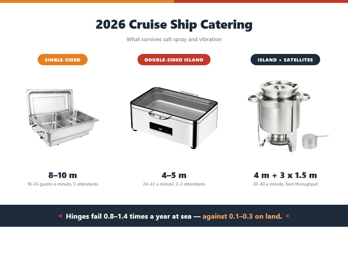 Buffet line design options for 400 covers on a cruise ship: a single-sided line of nine-pan units runs 8 to 10 metres and serves 18 to 24 guests a minute with three attendants, a double-sided island runs 4 to 5 metres and serves 24 to 32 with two or three attendants, and an island plus satellite stations runs 4 metres plus three at 1.5 metres for 30 to 40 guests a minute