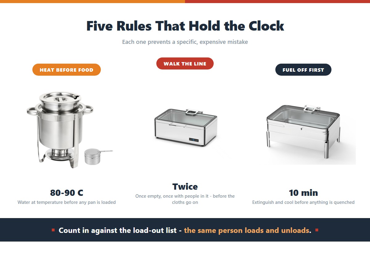 Three rules that hold a catering event timeline together: heat before food so water is at 80 to 90 C before any pan is loaded, walk the line twice including once with people in it before the tablecloths go on, and extinguish fuel and cool for 10 minutes before anything is quenched so pan bases do not warp