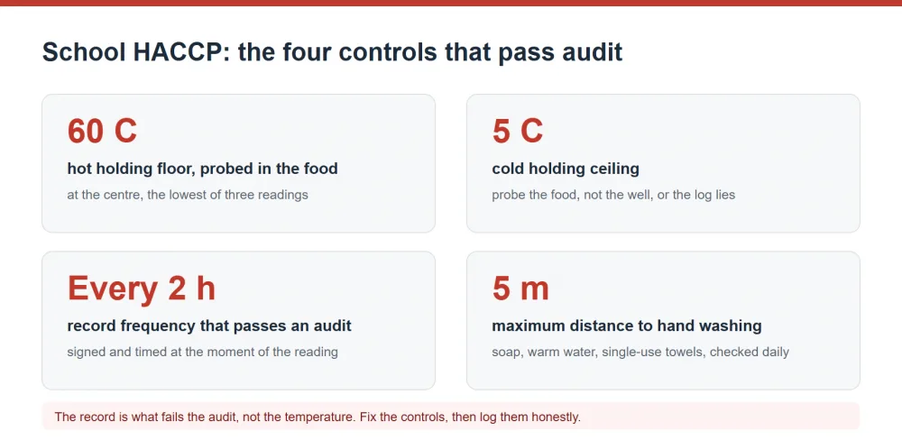 School cafeteria HACCP four controls, probe temperatures and record frequency