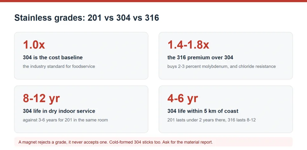 Stainless steel grades 201 vs 304 vs 316, relative cost and service life