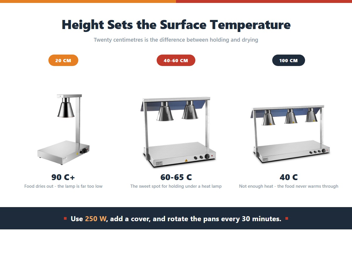 Food surface temperature under a heat lamp at three mounting heights: 90 C or more at 20 cm which dries the food out, 60 to 65 C at 40 to 60 cm which is the sweet spot for holding, and only 40 C at 100 cm which is not enough heat to warm the food through