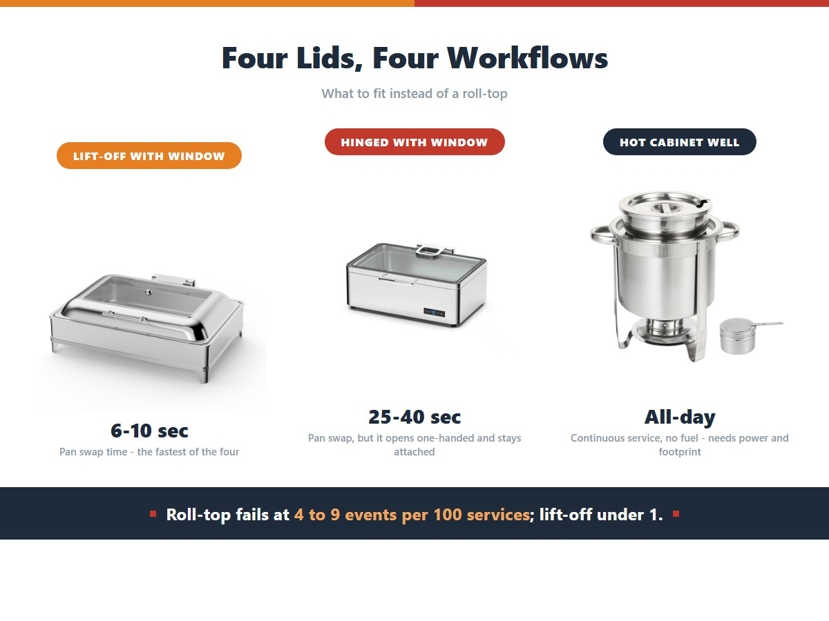 Three alternatives to a roll-top chafing dish lid with their pan swap times: a lift-off lid with a window at 6 to 10 seconds as the fastest option, a hinged lid with a window at 25 to 40 seconds that opens one-handed and stays attached, and a hot cabinet or bain-marie well that holds a pan at temperature for all-day service without fuel